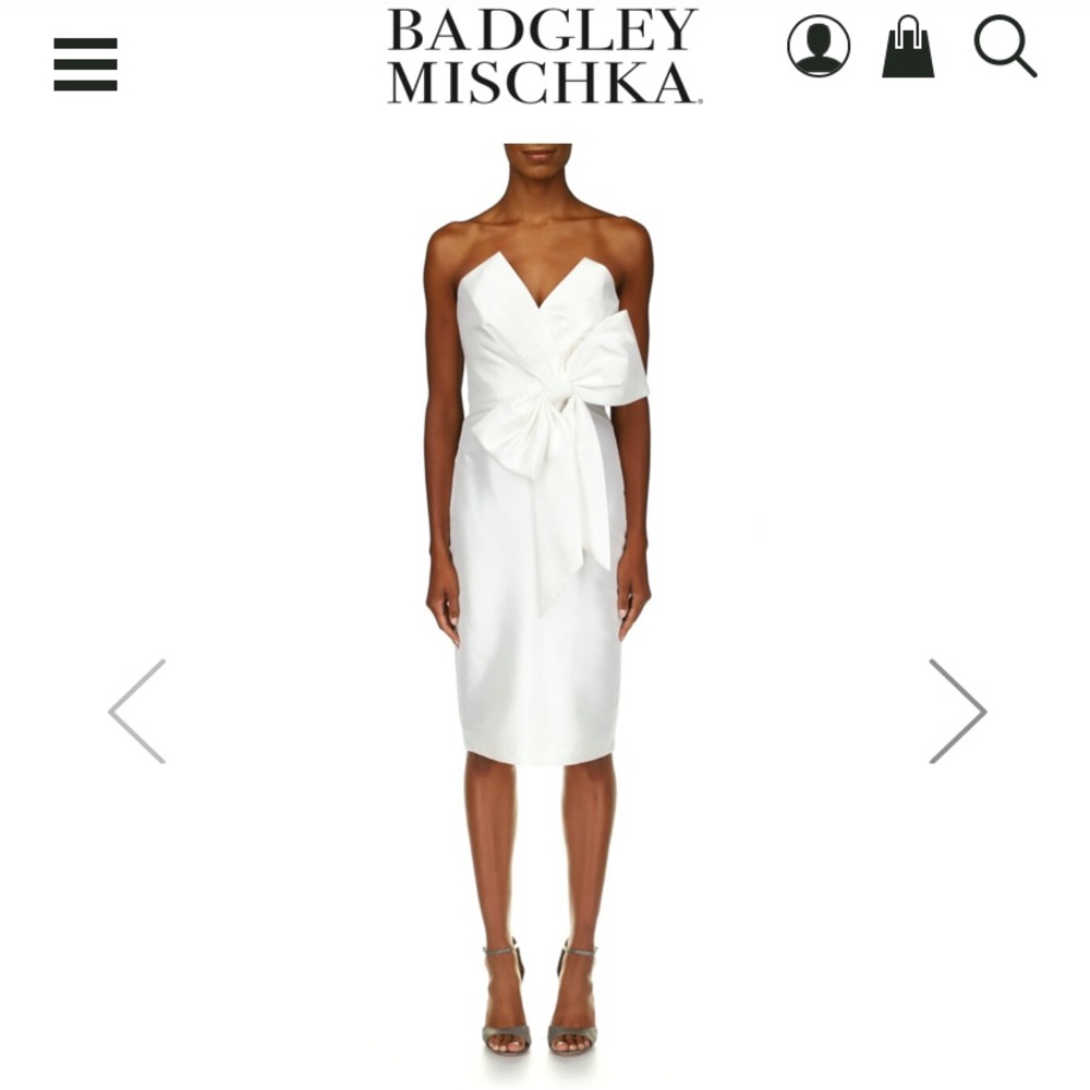 Badgley Mischka White Strapless Bow Cocktail Dress